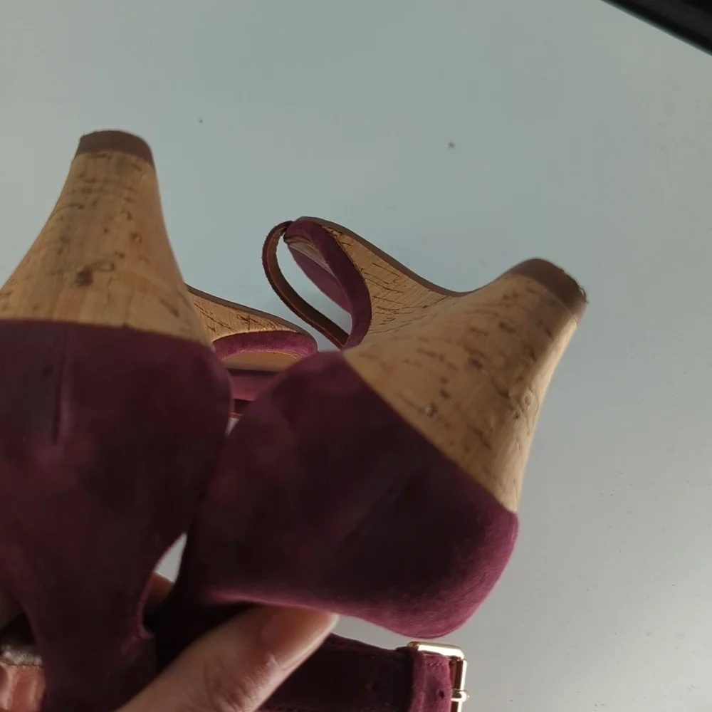 Tory Burch Savannah Suede Cork Wedge Purple 8.5 open toe summer preppy casual